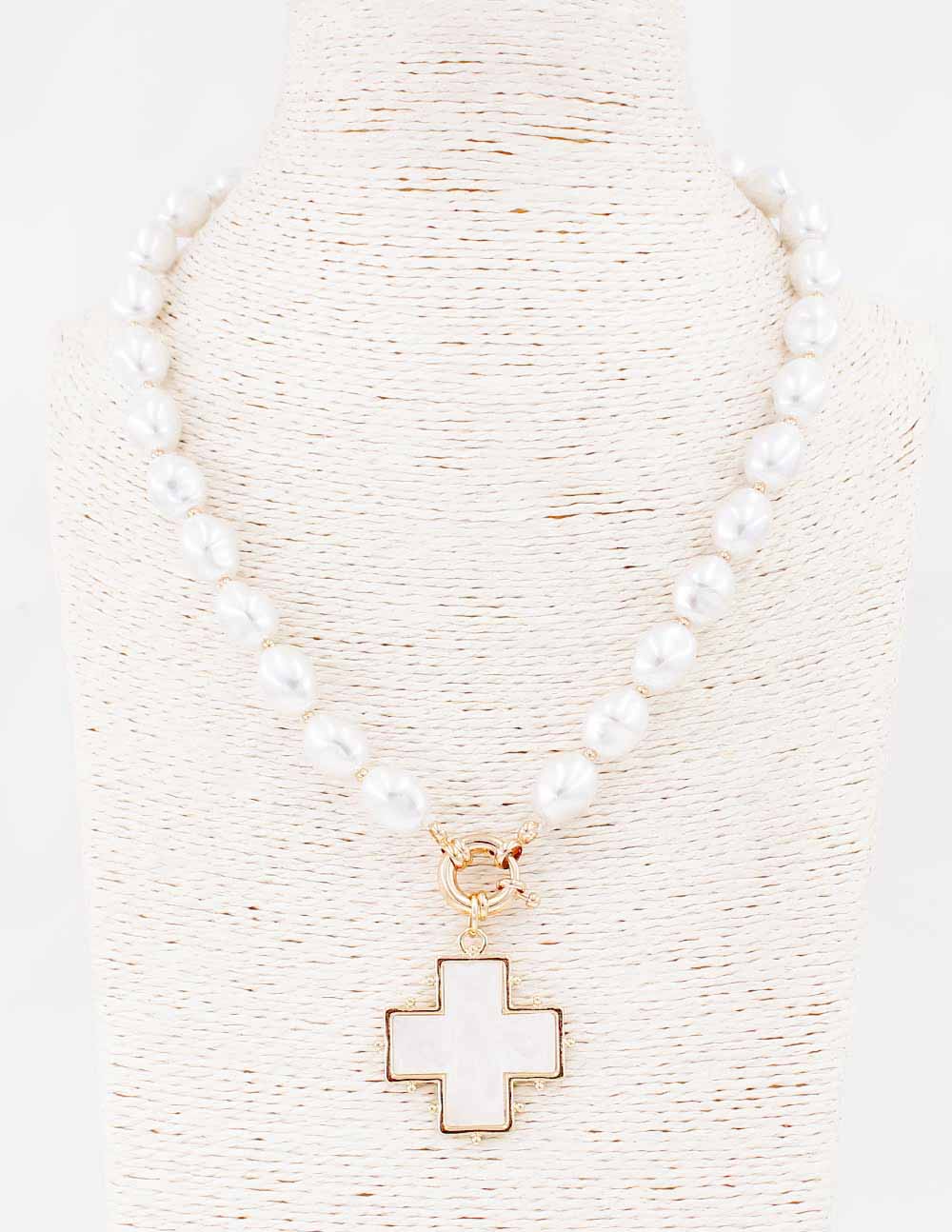 Acrylic Beaded with Pearlized White Cross 18" Necklace
