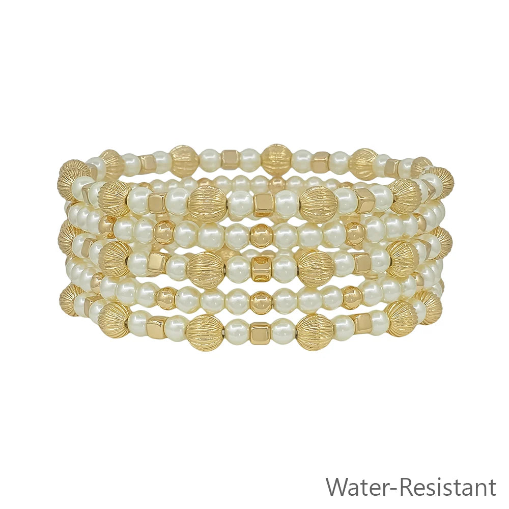 Water Resistant Pearl and Gold Beaded Set of 5 Stretch Bracelets
