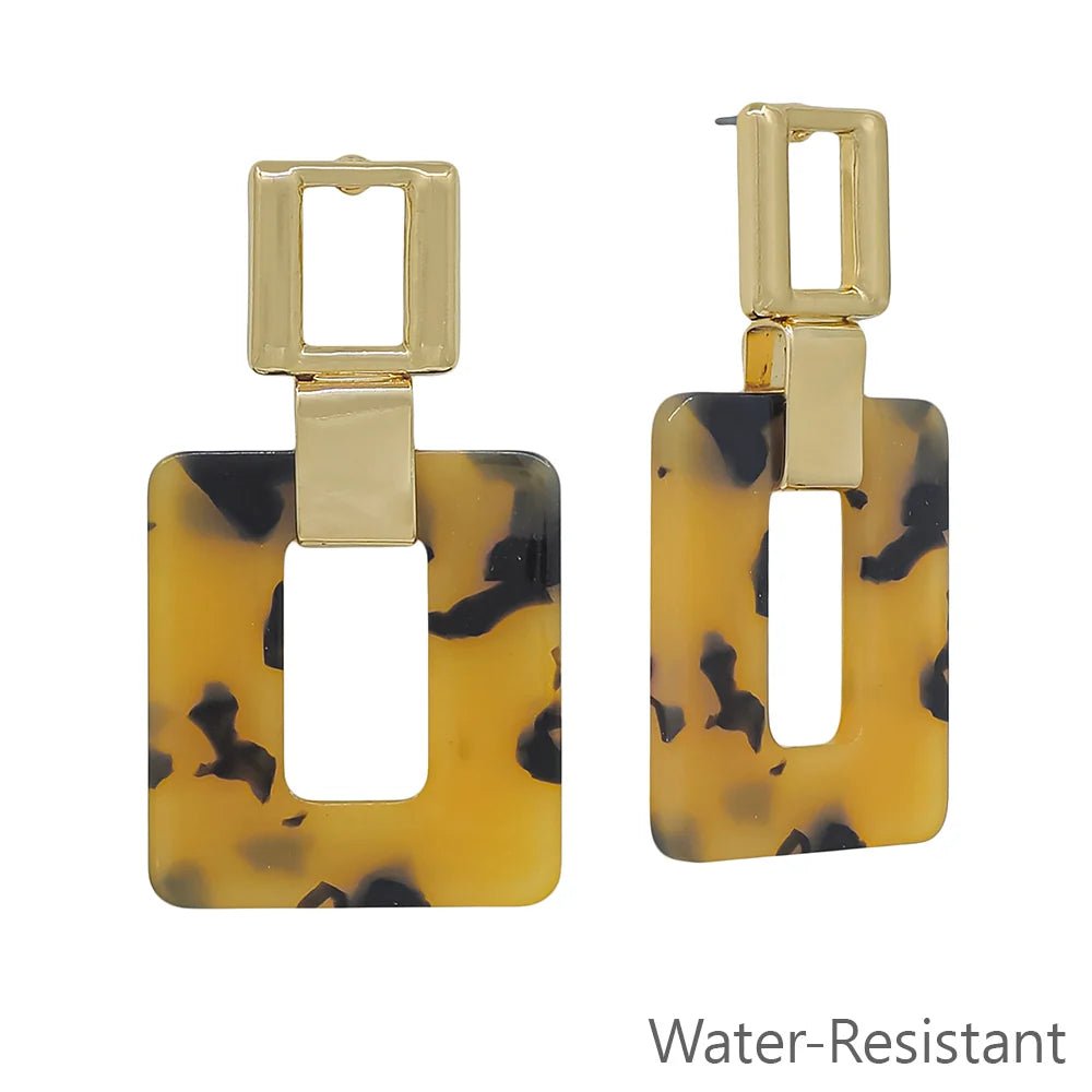 Water Resistant 2" Tortoise Acrylic and Gold Square Earring