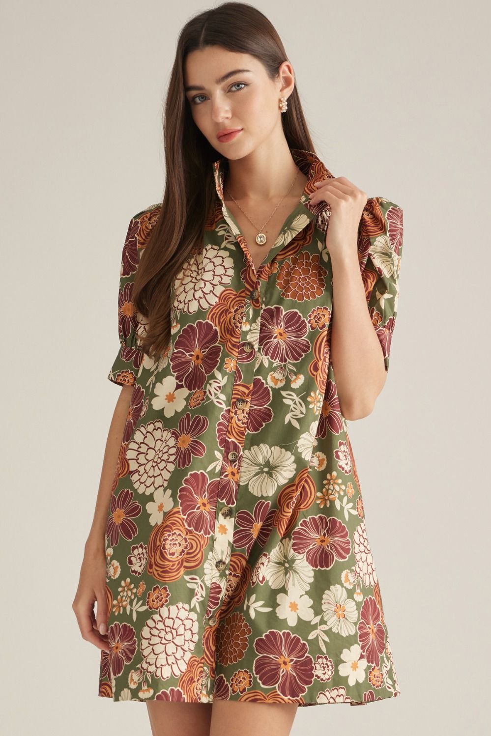 Olive and Rust Puff Sleeve Mini Dress