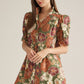 Olive and Rust Puff Sleeve Mini Dress