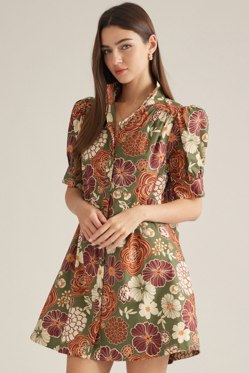 Olive and Rust Puff Sleeve Mini Dress