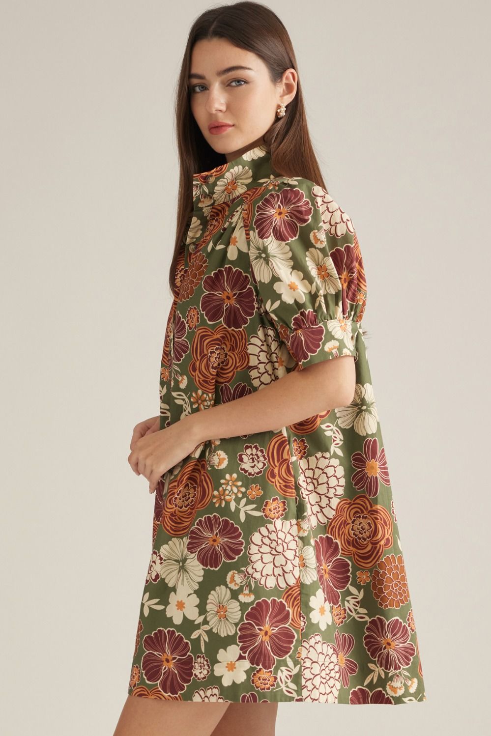 Olive and Rust Puff Sleeve Mini Dress