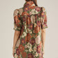 Olive and Rust Puff Sleeve Mini Dress