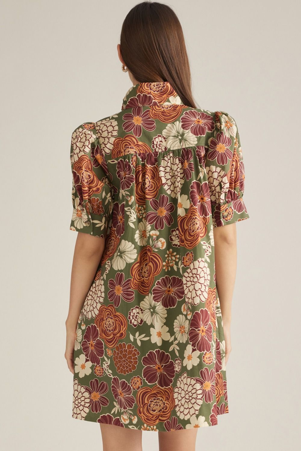 Olive and Rust Puff Sleeve Mini Dress