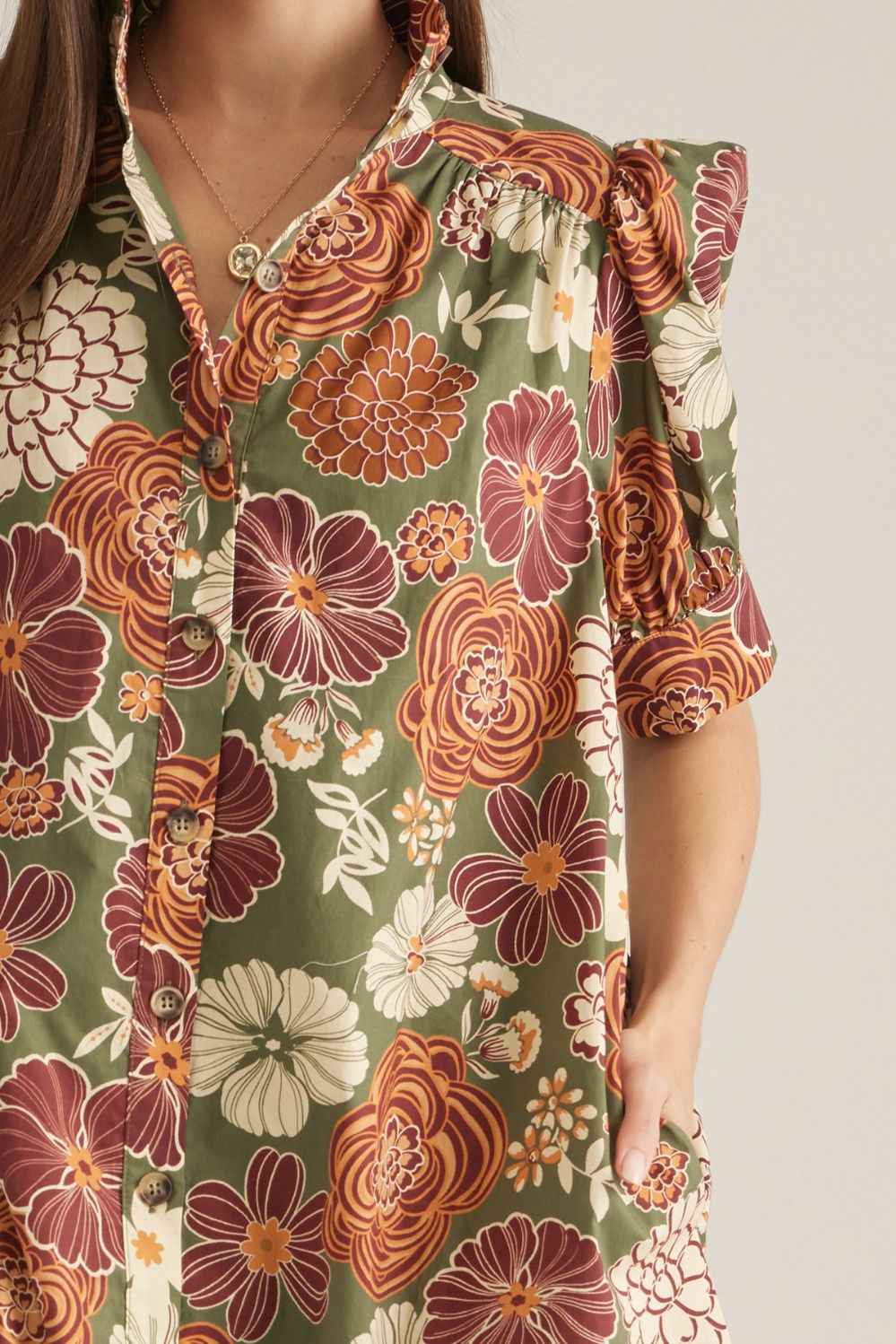 Olive and Rust Puff Sleeve Mini Dress