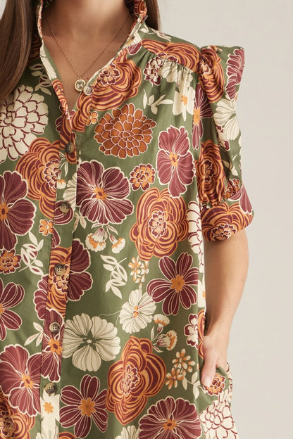 Olive and Rust Puff Sleeve Mini Dress