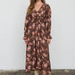Floral V-neck Long Sleeve Ruffle Trim Midi Dress