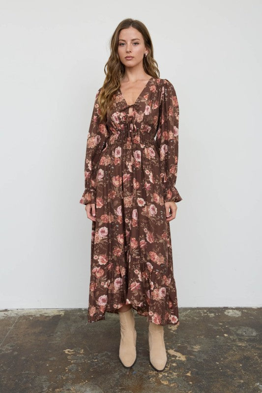 Floral V-neck Long Sleeve Ruffle Trim Midi Dress