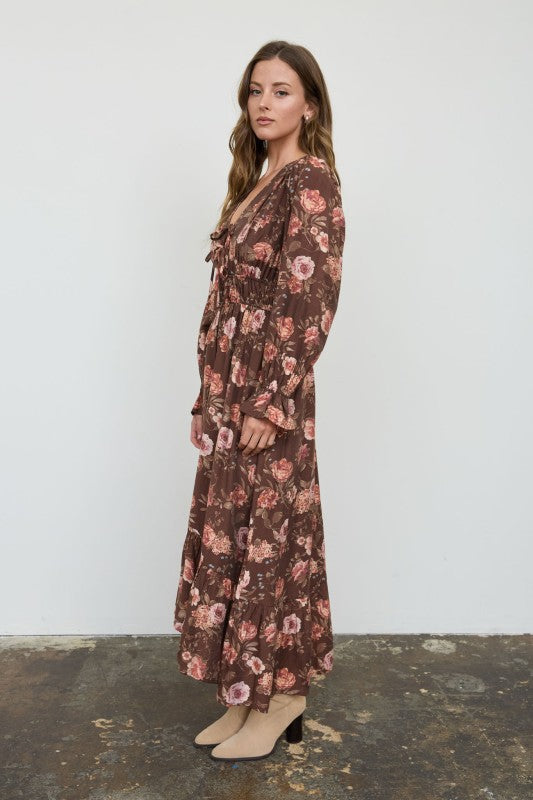 Floral V-neck Long Sleeve Ruffle Trim Midi Dress