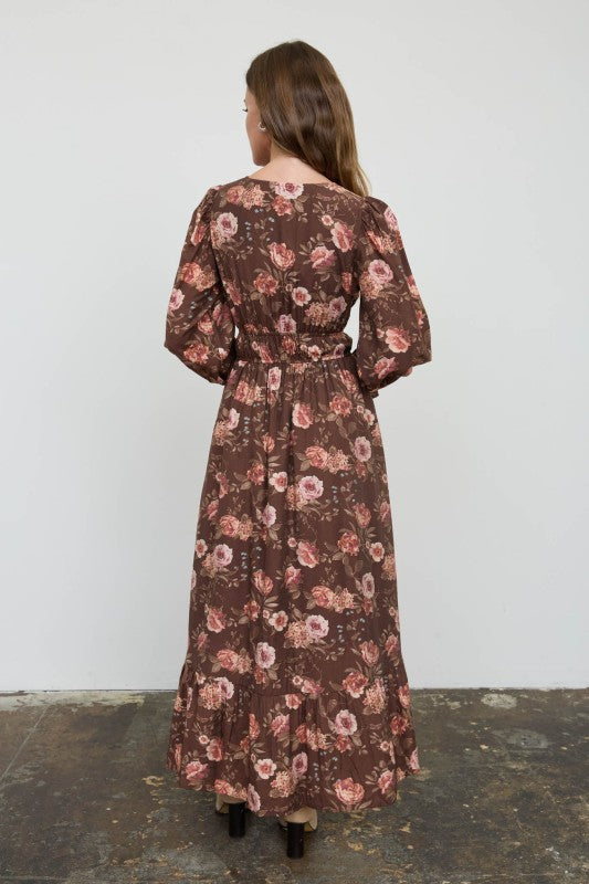 Floral V-neck Long Sleeve Ruffle Trim Midi Dress