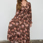 Floral V-neck Long Sleeve Ruffle Trim Midi Dress
