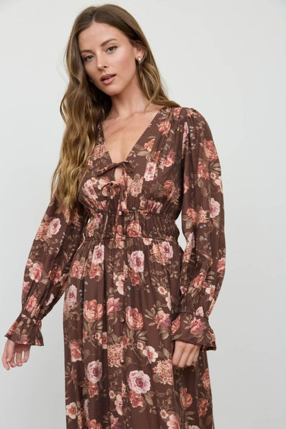 Floral V-neck Long Sleeve Ruffle Trim Midi Dress