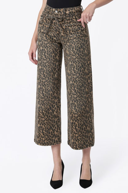 High Rise Leopard Print Waist Tie Crop Wide Jeans