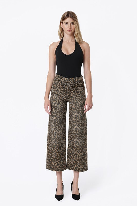 High Rise Leopard Print Waist Tie Crop Wide Jeans
