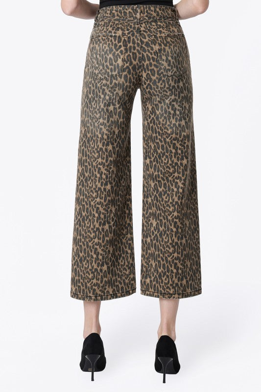 High Rise Leopard Print Waist Tie Crop Wide Jeans