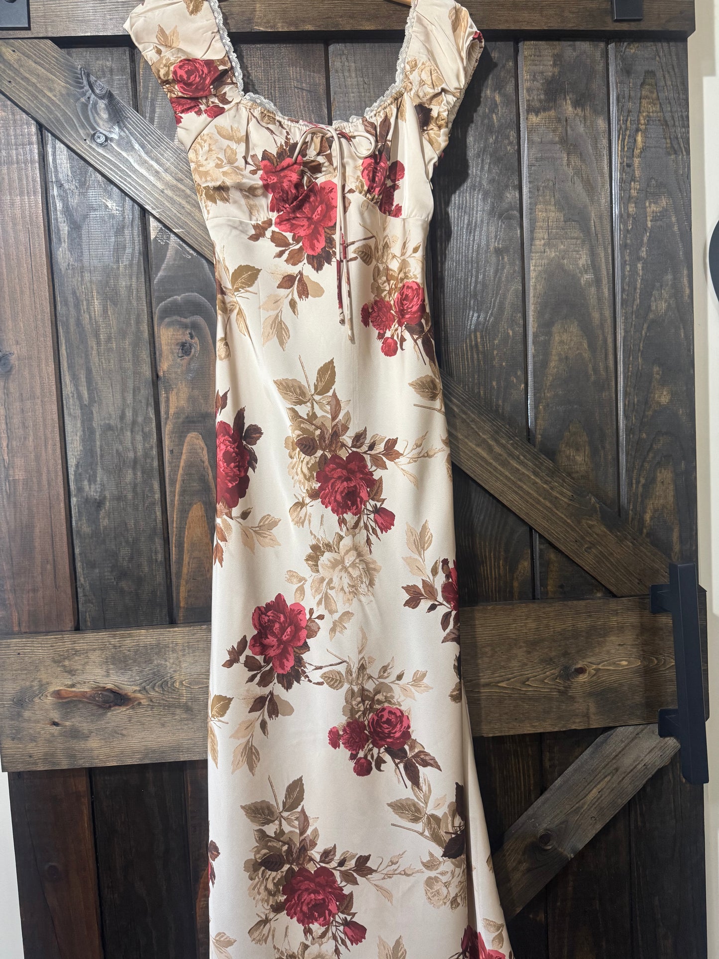 Floral Satin Lace Trim Midi Dress