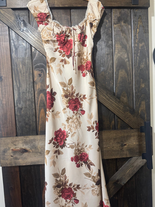 Floral Satin Lace Trim Midi Dress