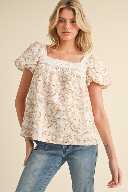 Square neck embroidered smocked top