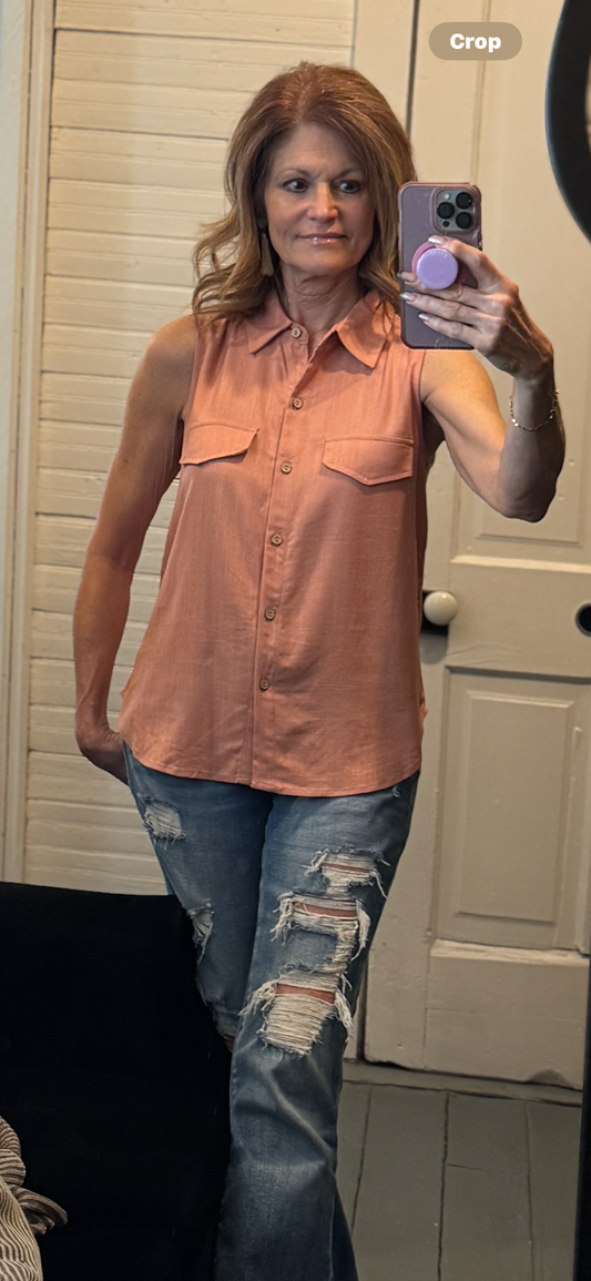 Collared Button Down Sleeveless Shirt
