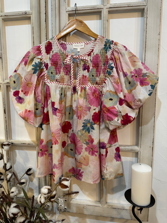 Floral Smocked Contrast Trim Top