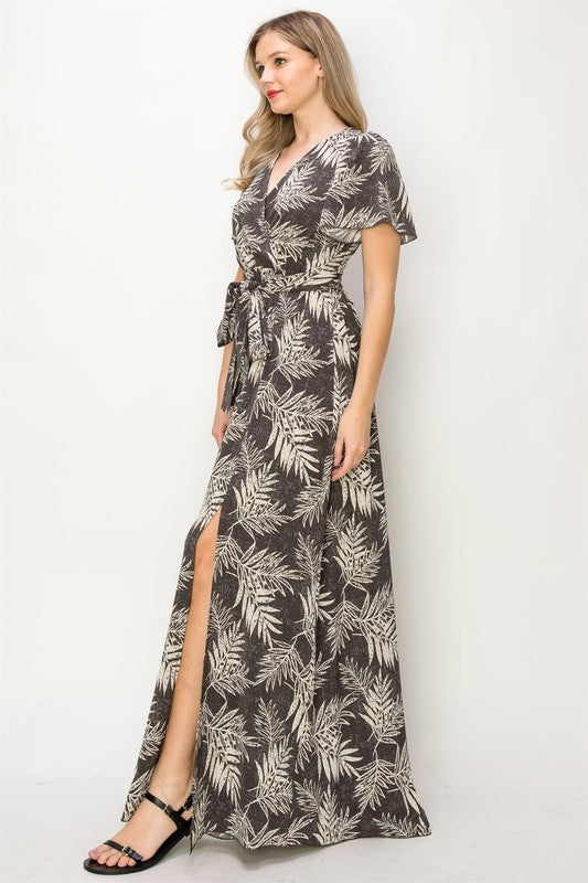 Tropical Print Slit Maxi Dress