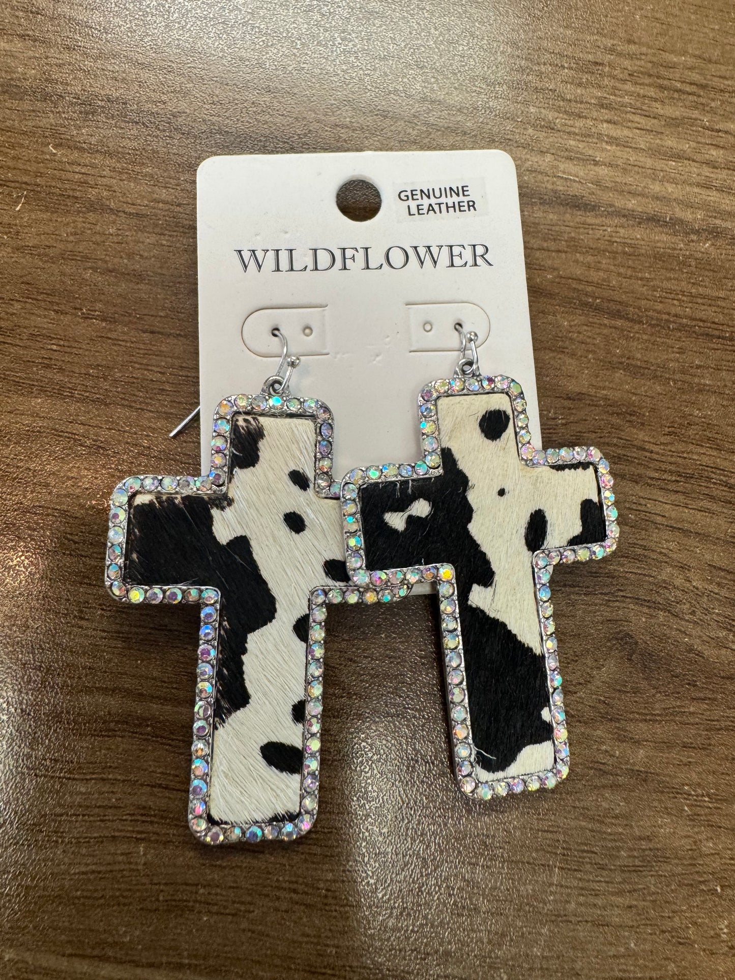 Leather Rhinestones Cross Earrings