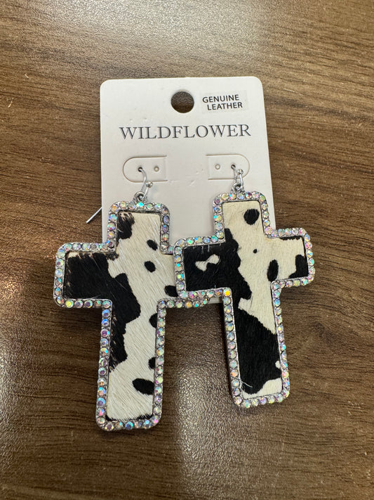 Leather Rhinestones Cross Earrings