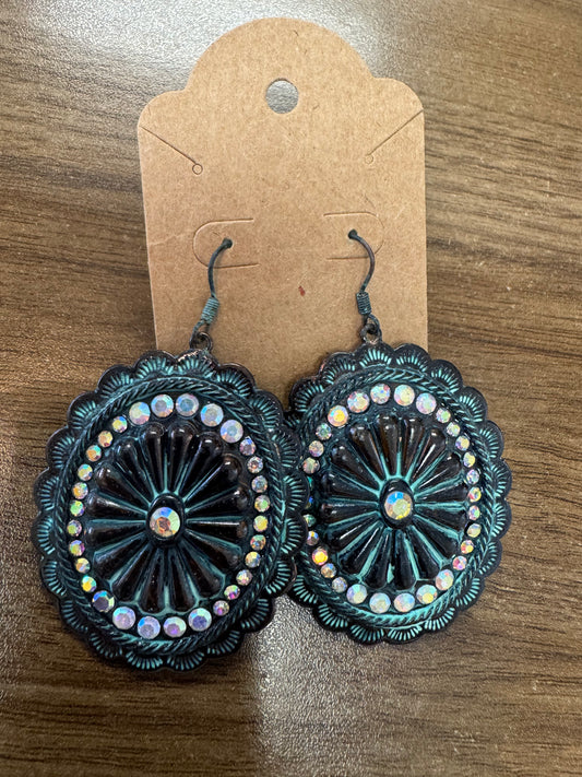Bronze & Turquoise Rhinestone Dangle Earrings