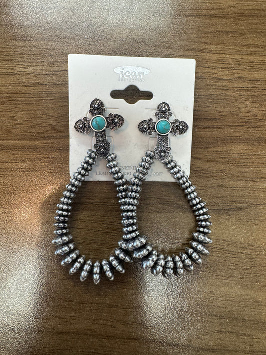 Antique Silver Cross Hoop Earrings