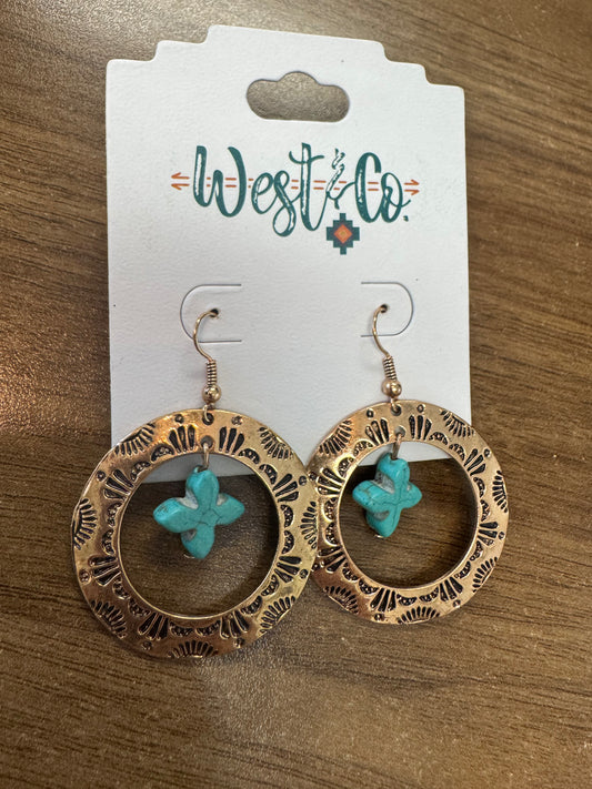 Round Gold with Turquoise Cross Earrings