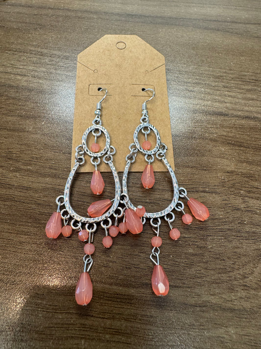 Silver and coral chandelier earrings