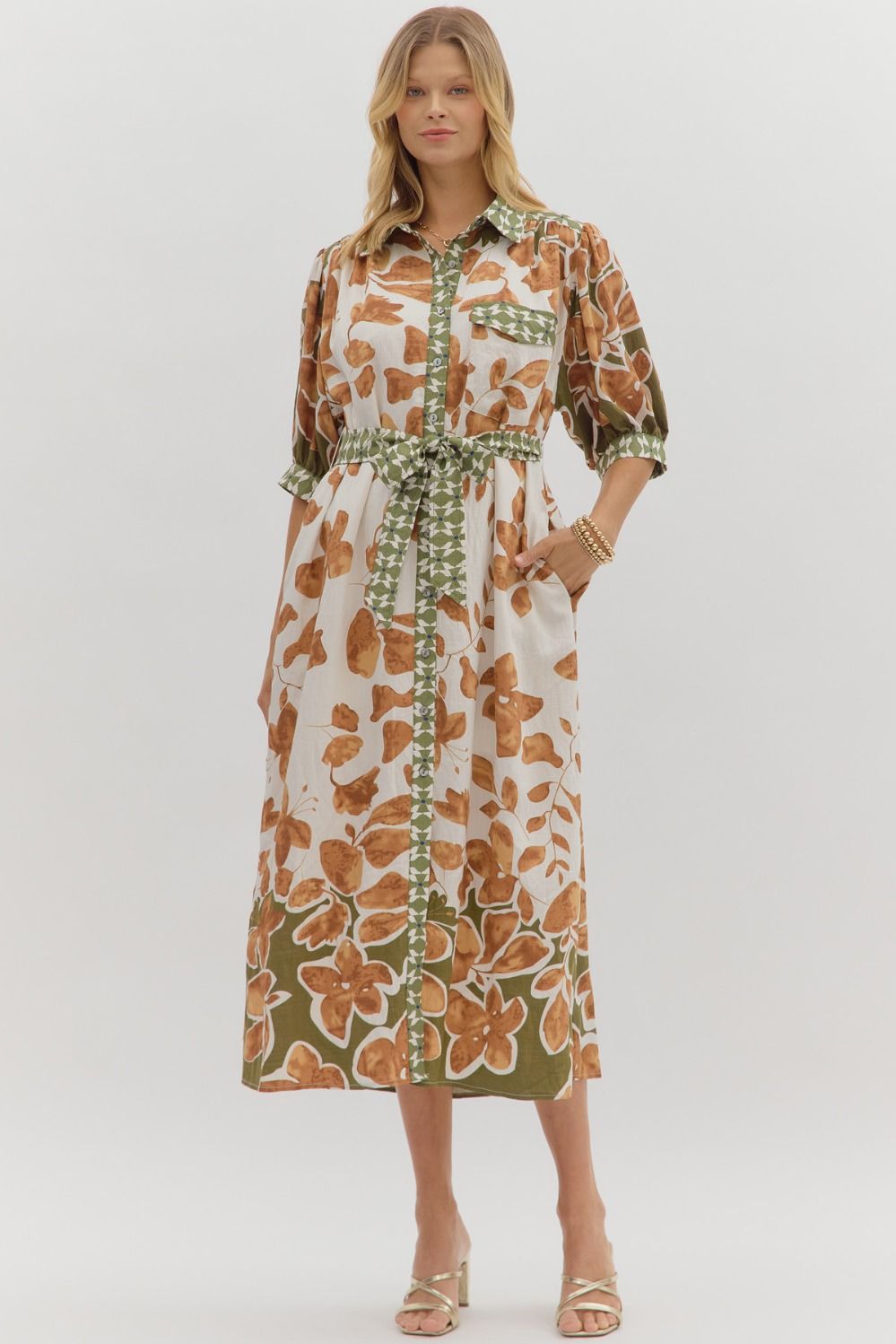 Botanical Print Midi Shirt Dress