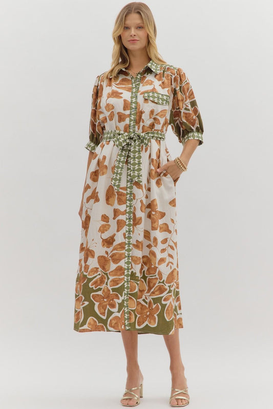 Botanical Print Midi Shirt Dress