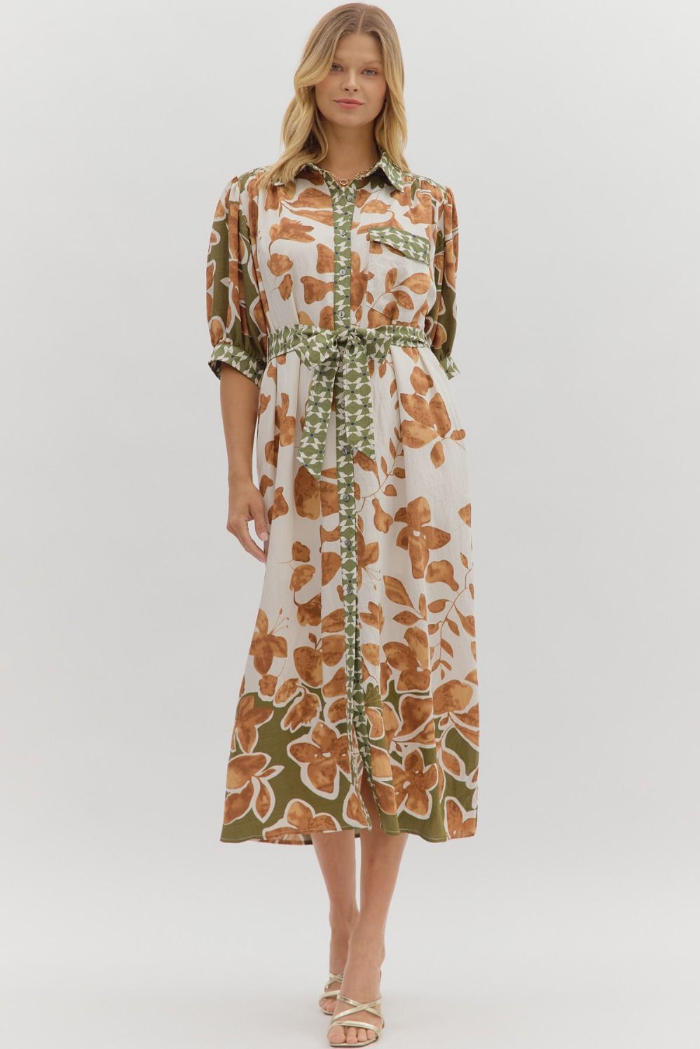 Botanical Print Midi Shirt Dress