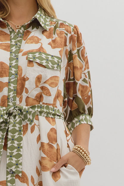 Botanical Print Midi Shirt Dress
