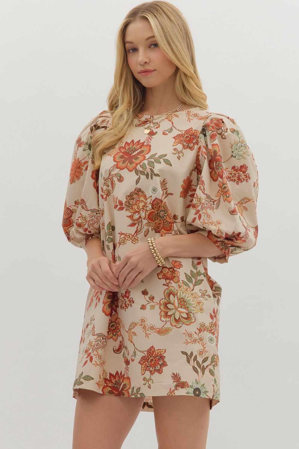 Floral Print Elbow Puff Sleeve Mini Dress