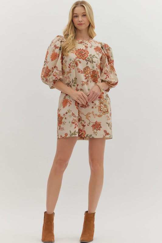 Floral Print Elbow Puff Sleeve Mini Dress