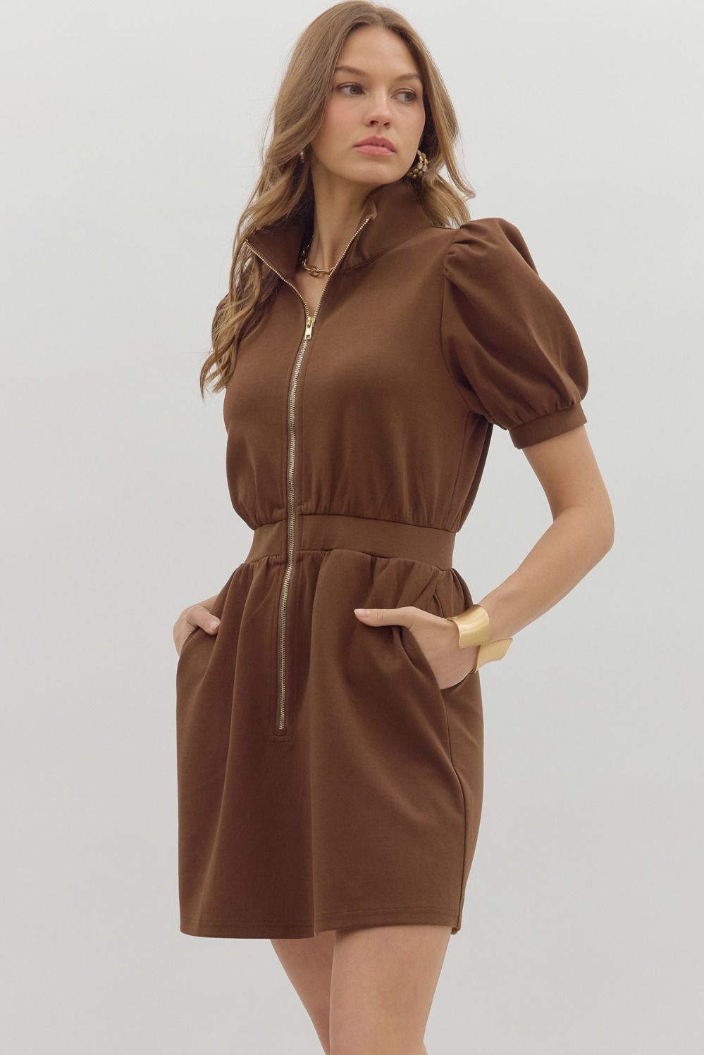 Short Sleeve Zip Front Mini Dress