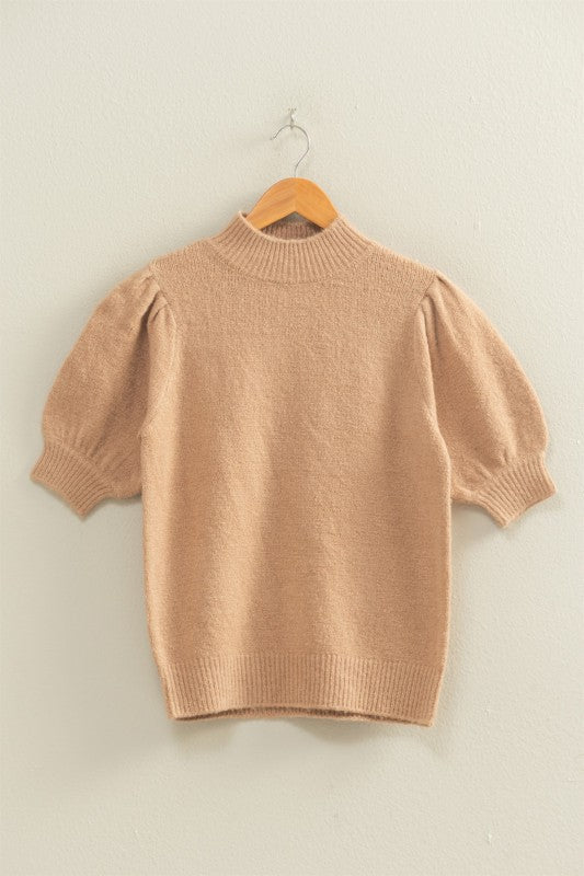 Short sleeve ribbed sweater with puff sleeves