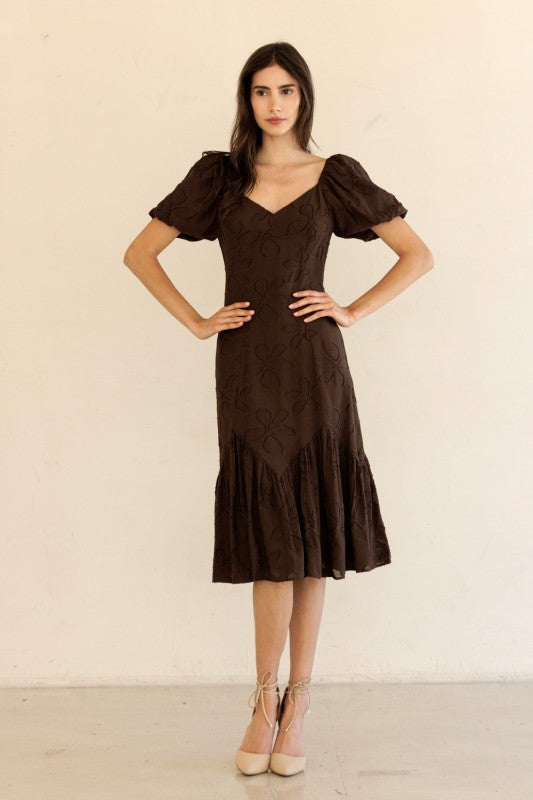 Puff Sleeve Embroidered Midi Dress