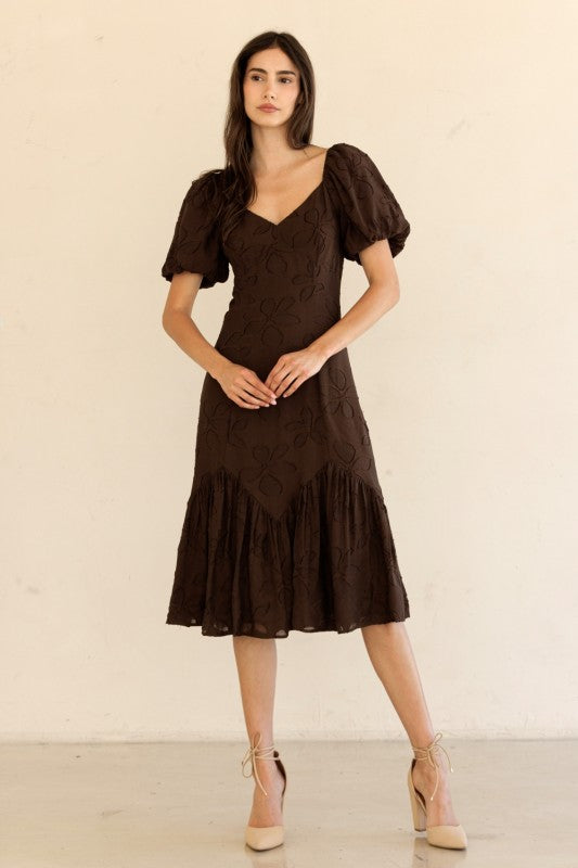 Puff Sleeve Embroidered Midi Dress