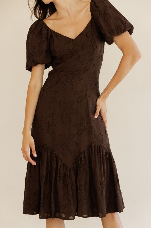 Puff Sleeve Embroidered Midi Dress