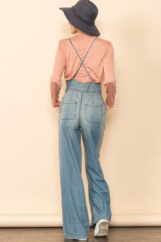Vintage Washed Denim Wide Leg Overall Jumpsuit