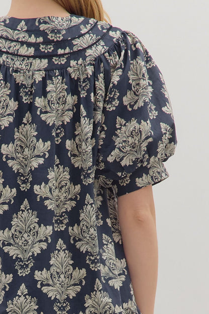 Botanical Short Puff Sleeve Mini Dress