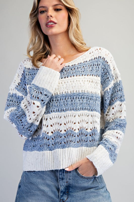 Long Sleeve Striped Crochet Sweater