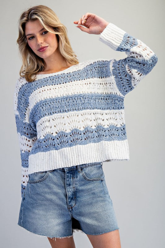 Long Sleeve Striped Crochet Sweater