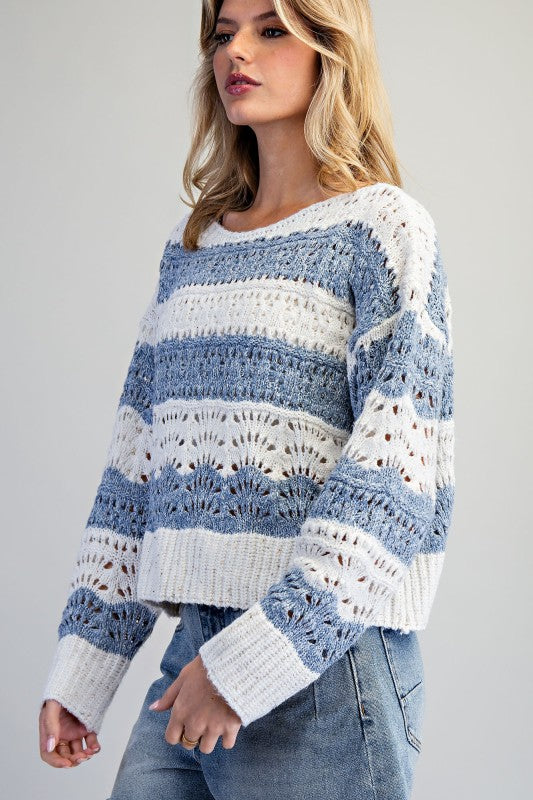 Long Sleeve Striped Crochet Sweater