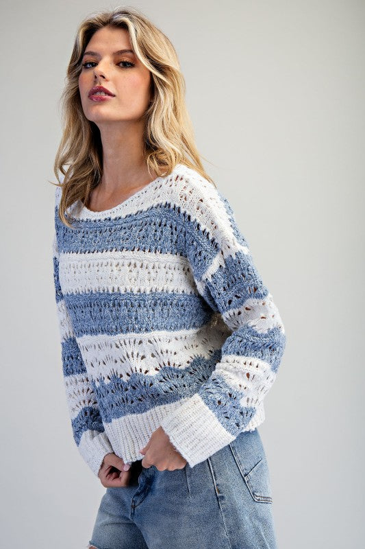 Long Sleeve Striped Crochet Sweater