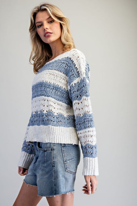 Long Sleeve Striped Crochet Sweater